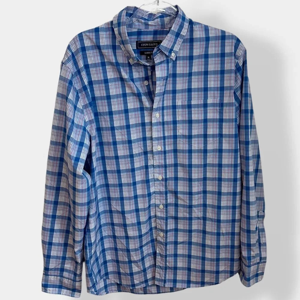 Crown & Ivy Blue Plaid‎ Button Down Shirt M